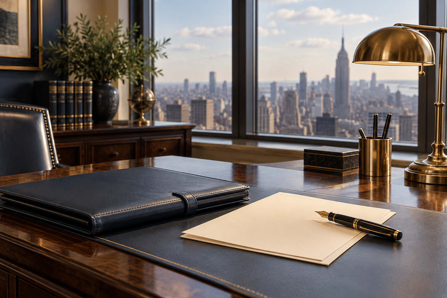 Illustrative scene of legal documents and a fountain pen on a desk overlooking New York